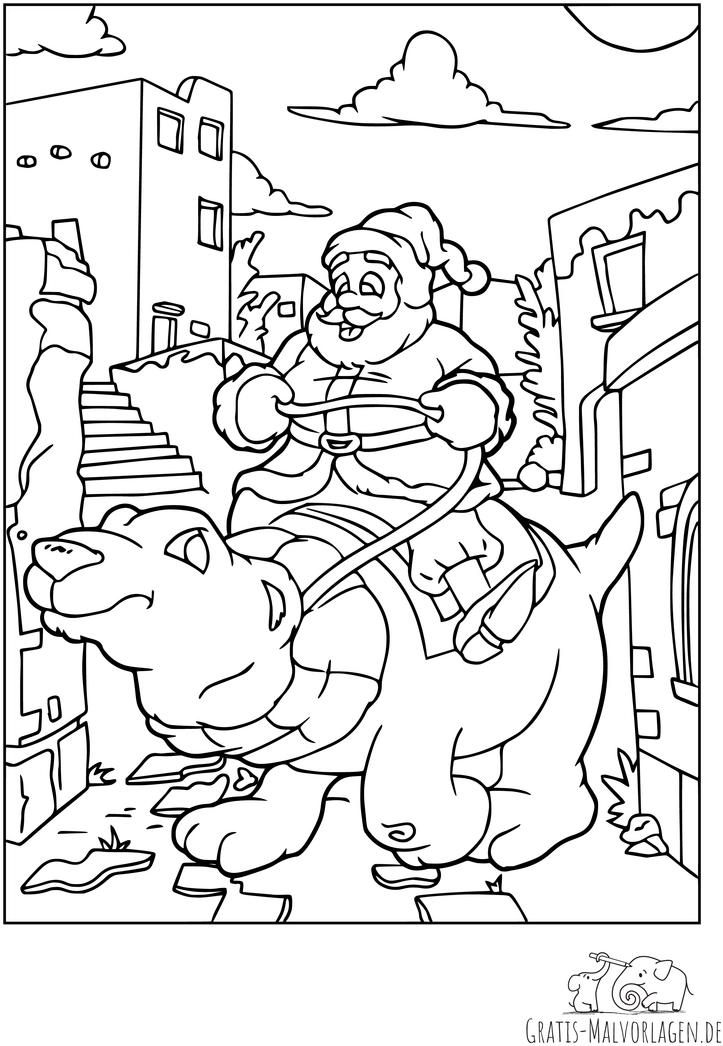malvorlage-weihnachtsmann-auf-weihnachtsbaeren-durch-die-stadt