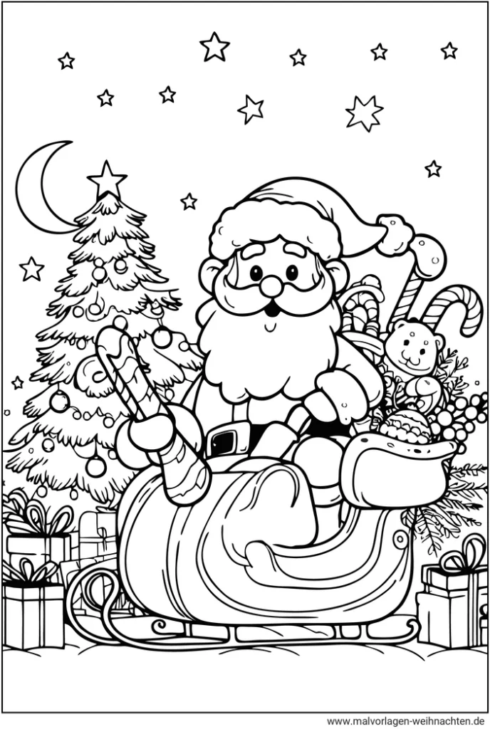 malvorlage-weihnachtsmann-im-schlitten-mit-geschenken-und-weihnachtsbaum