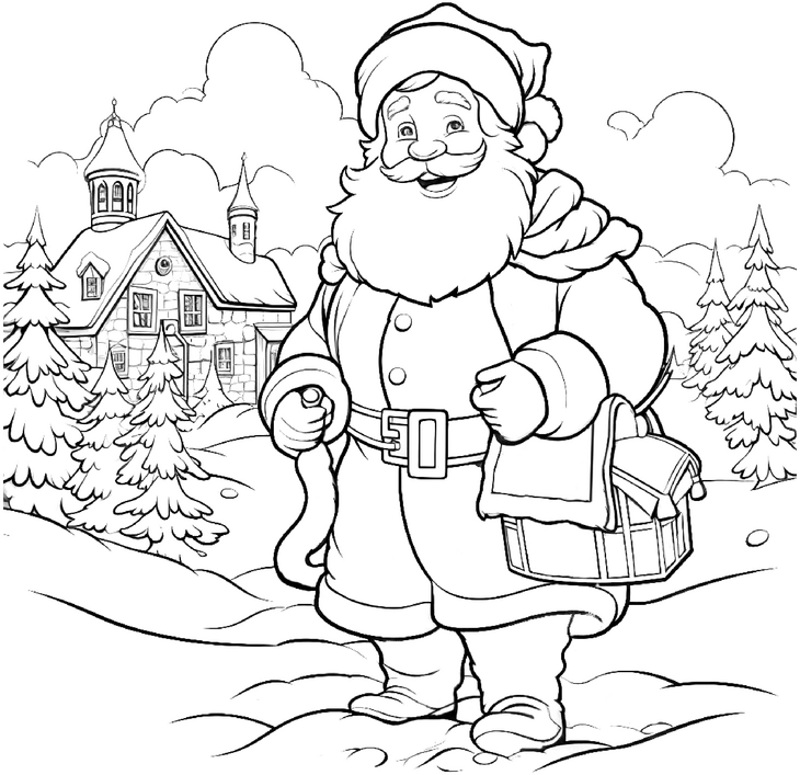 malvorlage-weihnachtsmann-in-winterlandschaft