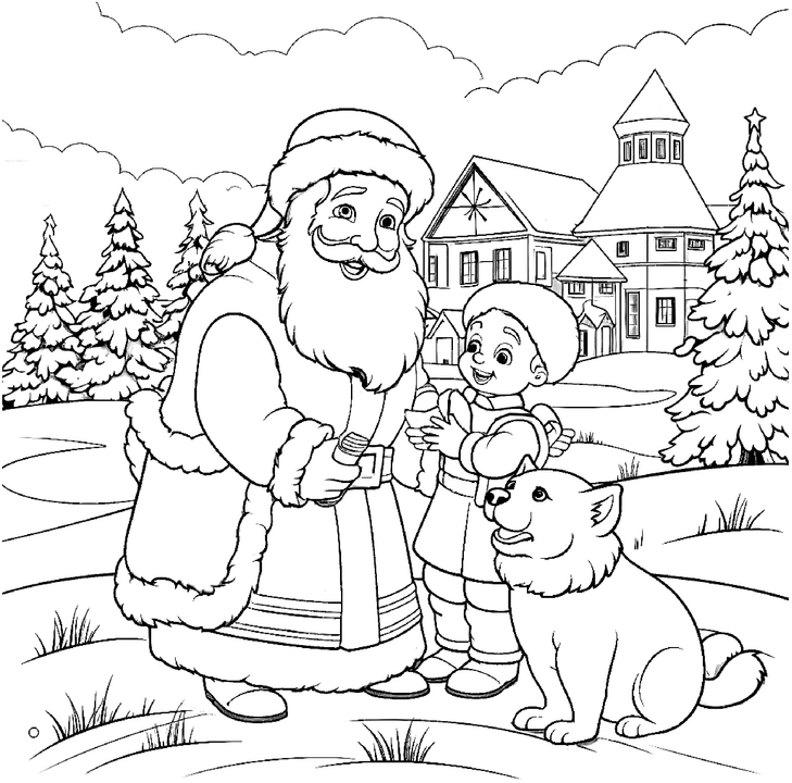 malvorlage-weihnachtsmann-kind-hund-winterlandschaft