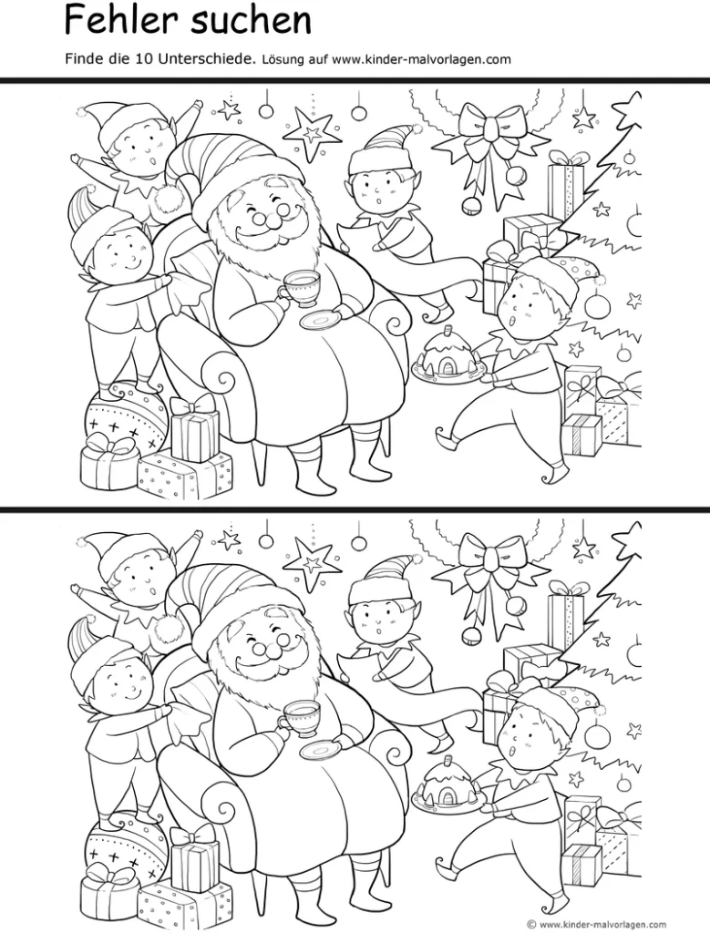 malvorlage-weihnachtsmann-mit-elfen-fehler-suchen