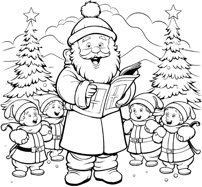 malvorlage-weihnachtsmann-mit-elfen-und-tannenbaeumen