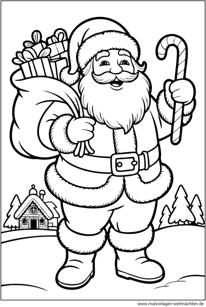 malvorlage-weihnachtsmann-mit-geschenken-und-winterlandschaft