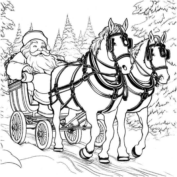 malvorlage-weihnachtsmann-mit-pferden-in-winterlandschaft