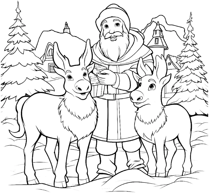 malvorlage-weihnachtsmann-mit-rentieren-in-winterlandschaft