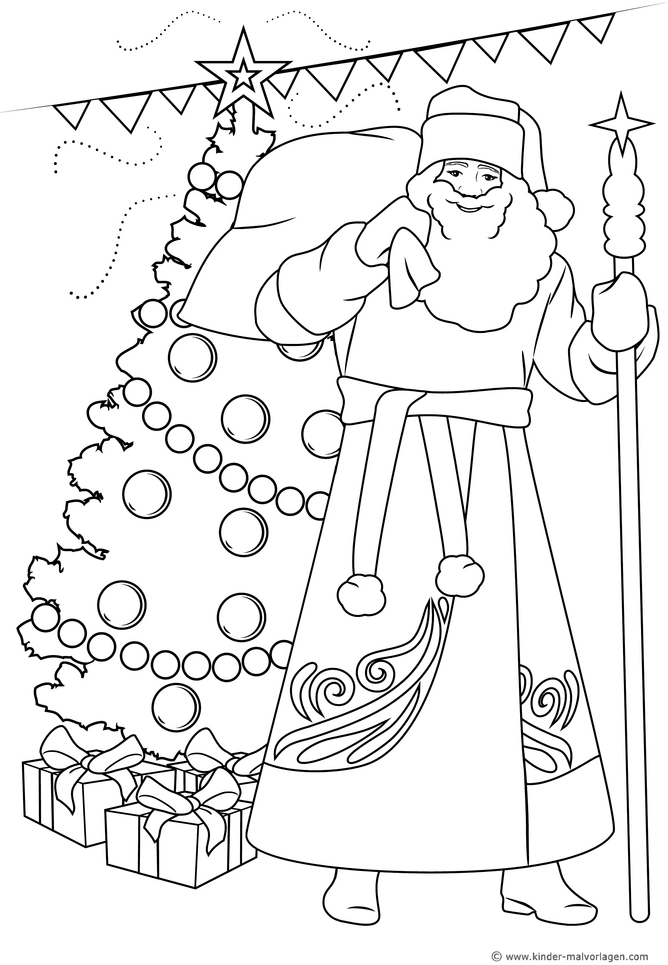 malvorlage-weihnachtsmann-mit-tannenbaum-und-geschenken