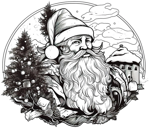 malvorlage-weihnachtsmann-mit-tannenbaum-und-schnee