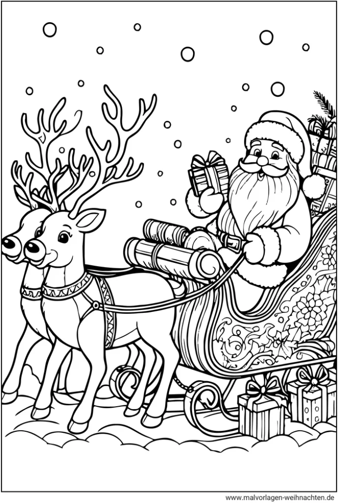 malvorlage-weihnachtsmann-rentiere-und-geschenke