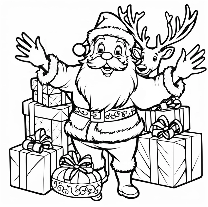 malvorlage-weihnachtsmann-und-rentier-geschenke