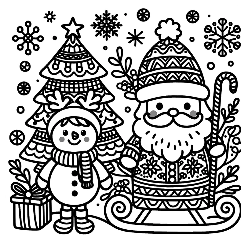 malvorlage-weihnachtsmann-und-schneemann-festliche-elemente