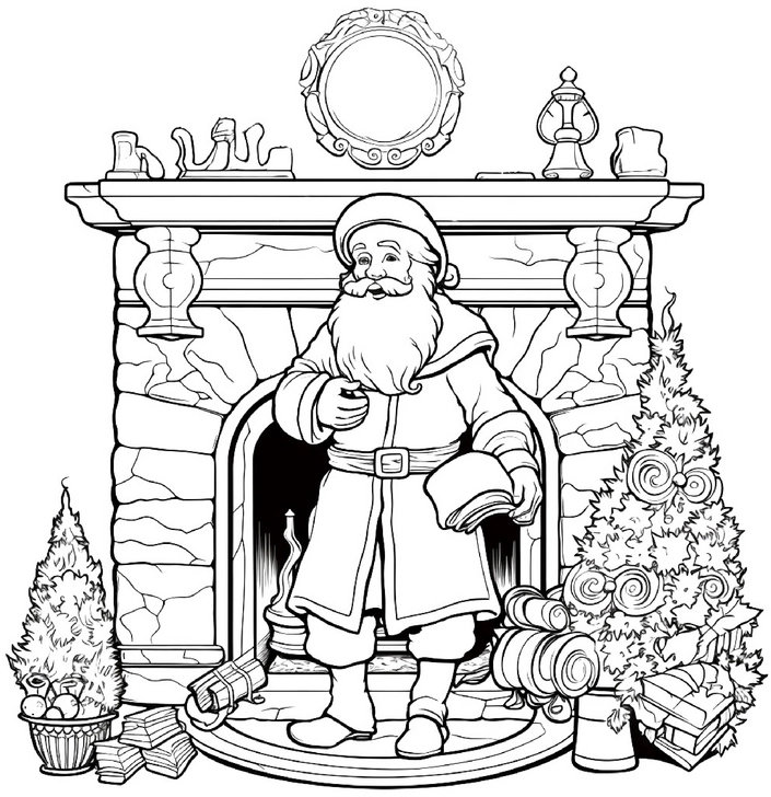 malvorlage-weihnachtsmann-vor-kamin-mit-geschenken