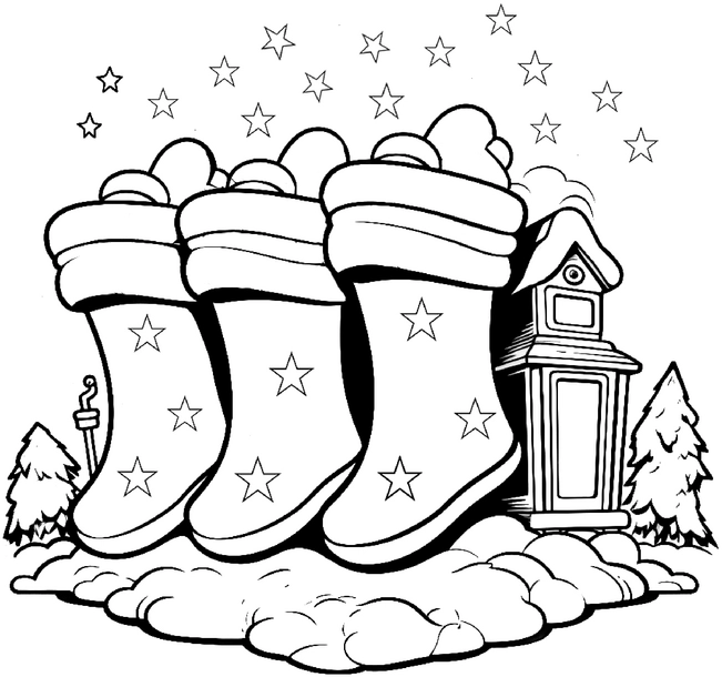 malvorlage-weihnachtsstruempfe-mit-haeuschen-und-tannenbaeumen