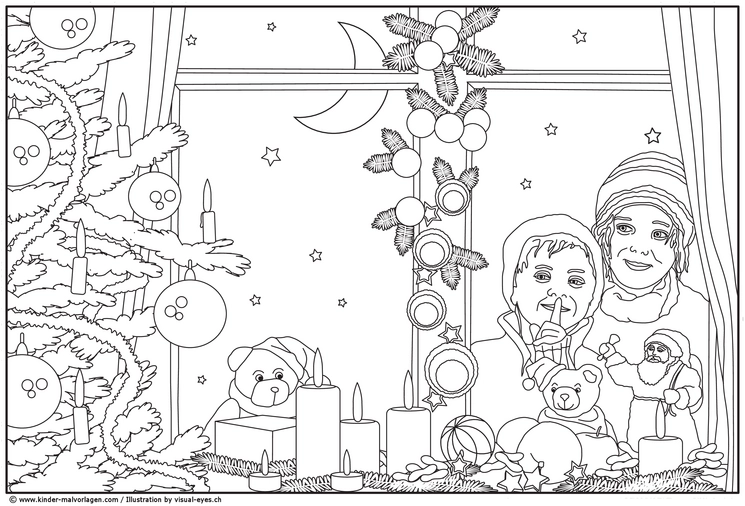 malvorlage-weihnachtsszene-mit-kindern-und-baer