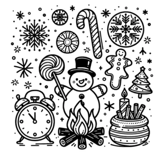 malvorlage-weihnachtszeit-schneemann-und-suessigkeiten