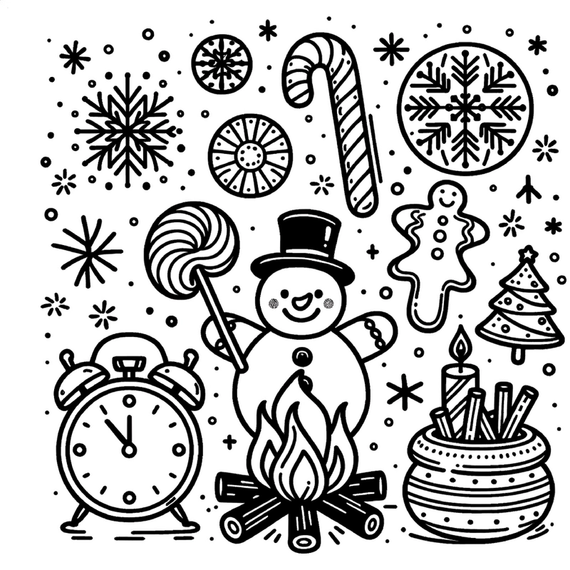 malvorlage-weihnachtszeit-schneemann-und-suessigkeiten
