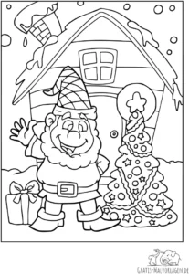 malvorlage-weihnachtszwerg-vor-festlich-geschmuecktem-haeuschen-und-baum