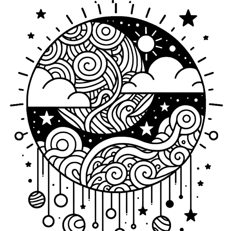 malvorlage-weltall-mit-spiralen-und-wolken