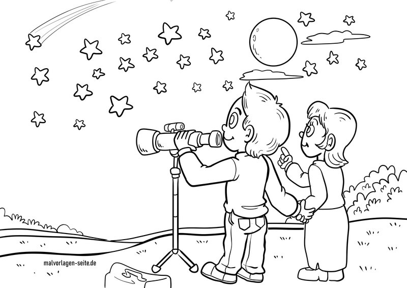 malvorlage-weltall-mit-teleskop-und-sternen