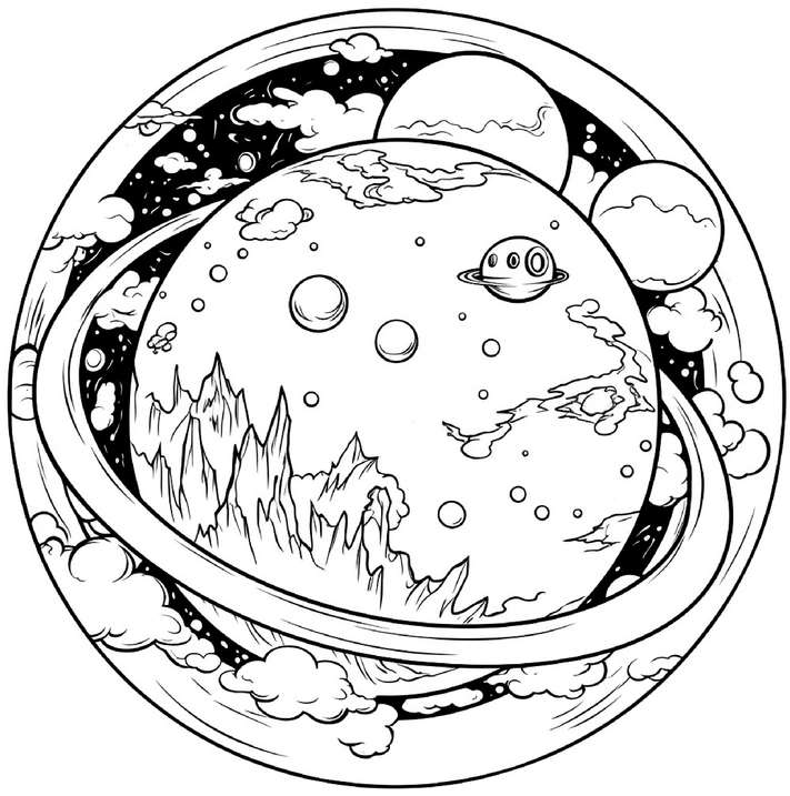malvorlage-weltall-planet-mit-ring-umgebung