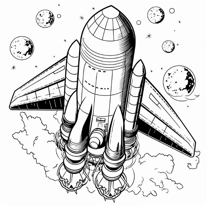 malvorlage-weltraumrakete-umgeben-von-planeten