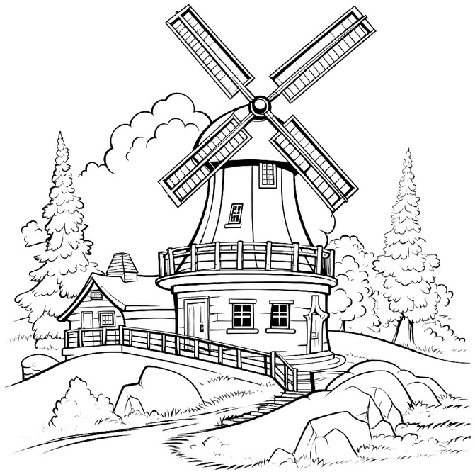 malvorlage-windmuehle-in-laendlicher-umgebung