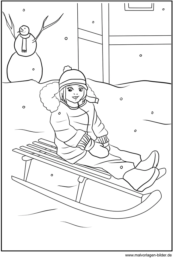 malvorlage-winter-schlitten-schneemann