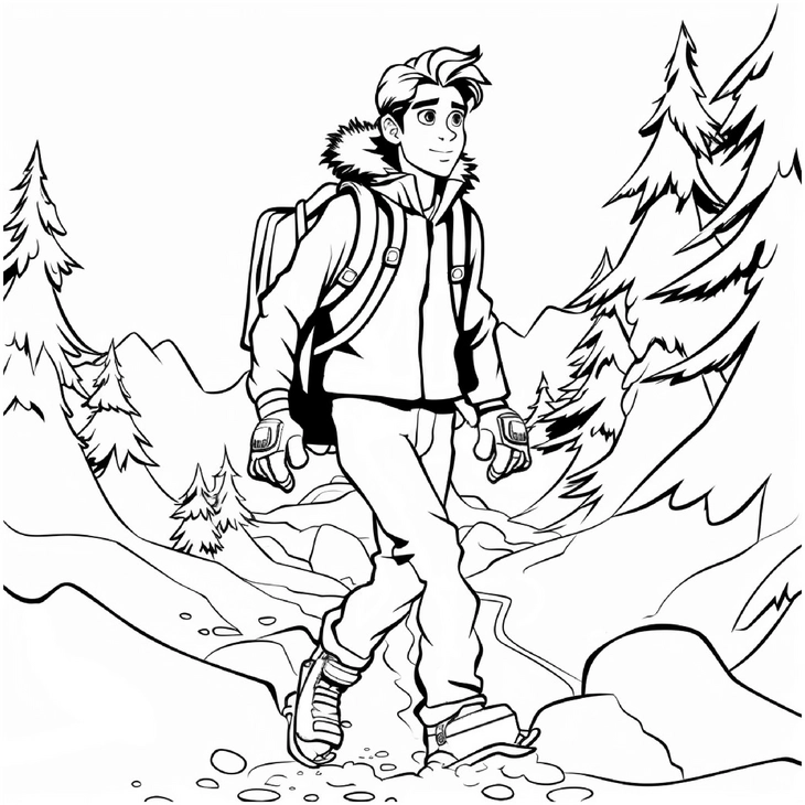 malvorlage-winterabenteuer-junge-in-verschneiter-landschaft