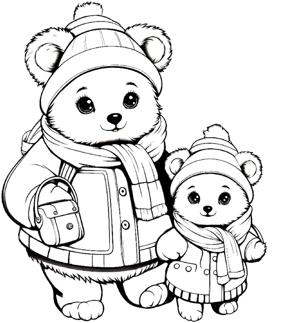 malvorlage-winterbaeren-in-warmer-kleidung