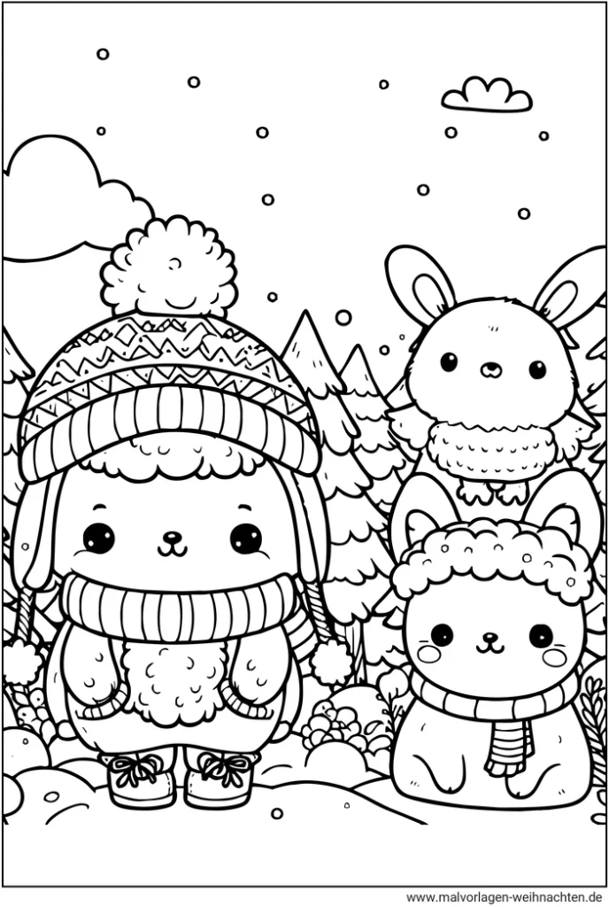 malvorlage-winterbilder-mit-waldbewohnern-im-schnee