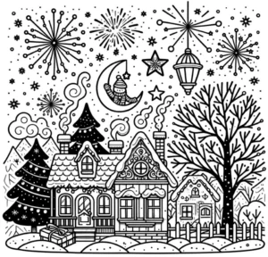 malvorlage-winterdorf-mit-feuerwerk-und-schneemann