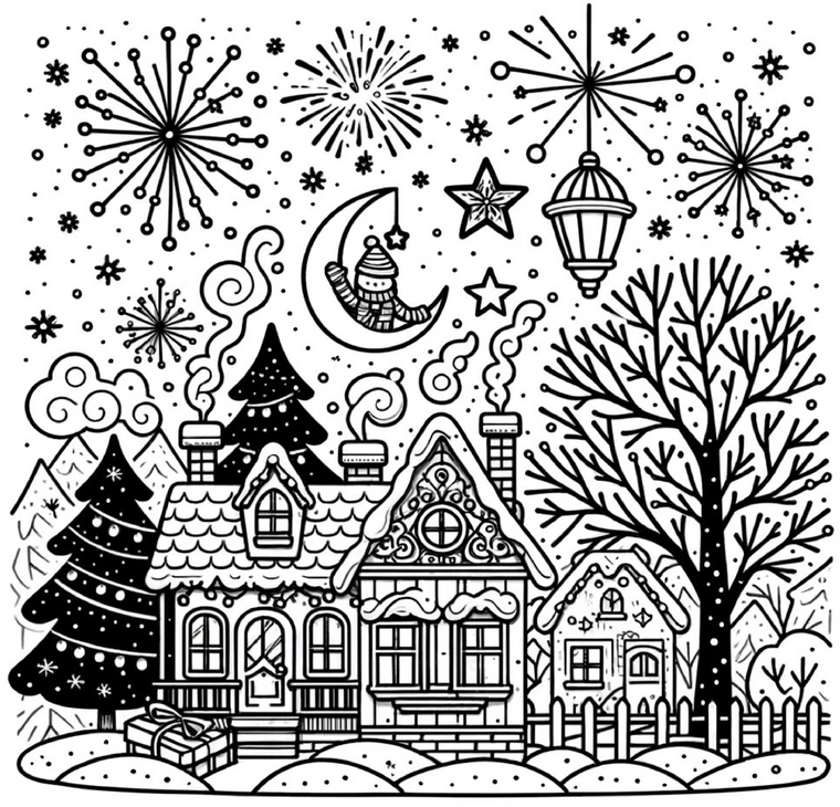 malvorlage-winterdorf-mit-feuerwerk-und-schneemann