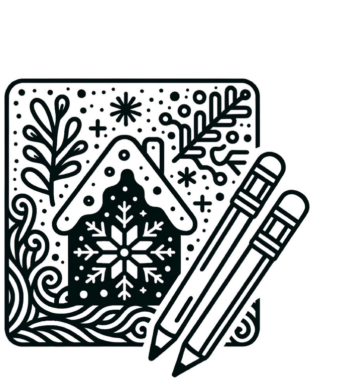 malvorlage-winterhaus-mit-schneeflocke-und-pflanzen