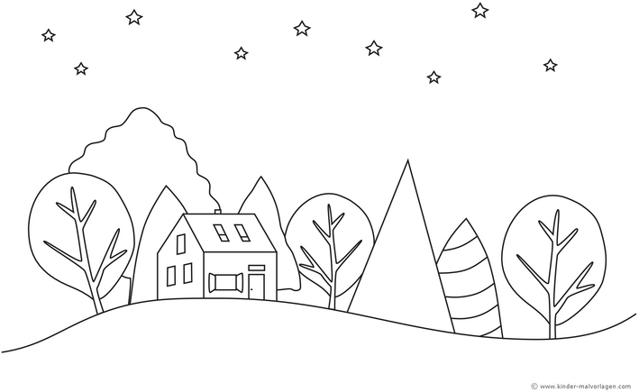 malvorlage-winterlandschaft-haus-mit-sternen