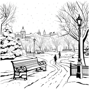malvorlage-winterlandschaft-im-park-mit-spaziergaengern