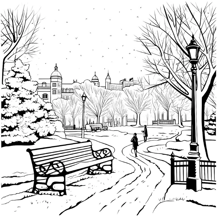malvorlage-winterlandschaft-im-park-mit-spaziergaengern