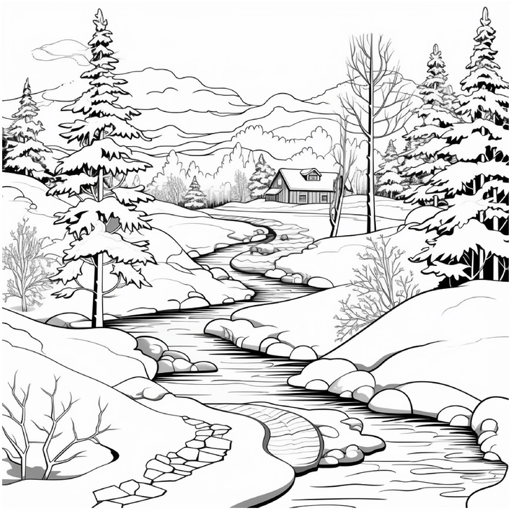 malvorlage-winterlandschaft-mit-bach-und-baumen