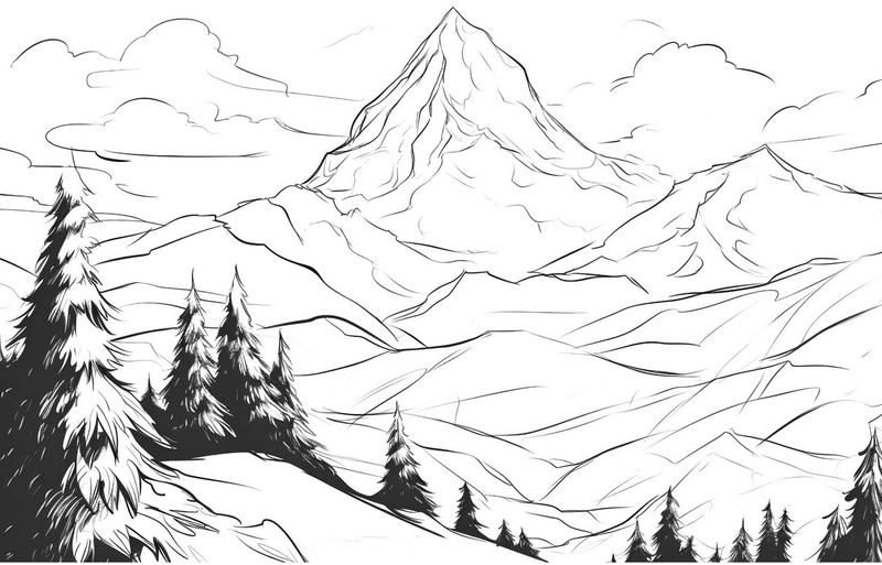 malvorlage-winterlandschaft-mit-berg-und-tannen