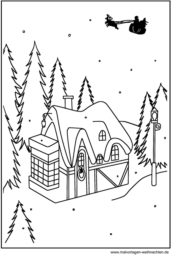 malvorlage-winterlandschaft-mit-haeuschen-und-schlitten