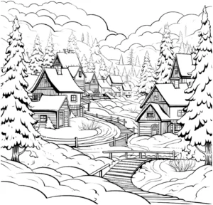 malvorlage-winterlandschaft-mit-haeusern-und-tannen