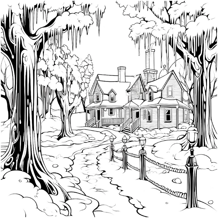 malvorlage-winterlandschaft-mit-haus-und-baeumen