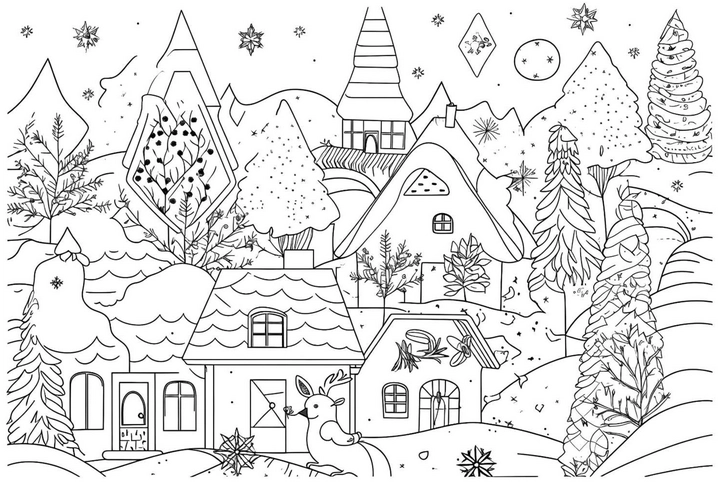 malvorlage-winterlandschaft-mit-huetten-und-rentier