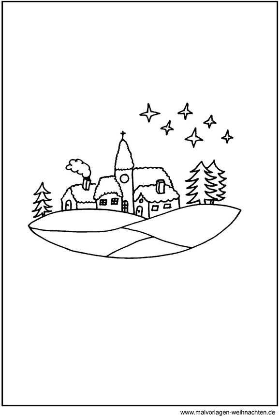 malvorlage-winterlandschaft-mit-kirche-und-baeumen