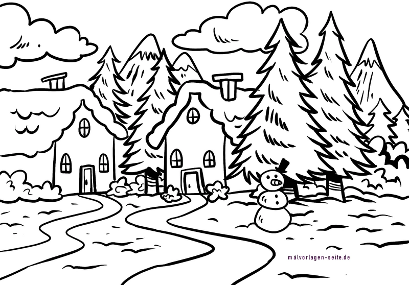 malvorlage-winterlandschaft-mit-schneemann-und-tannenbaeumen