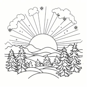 malvorlage-winterlandschaft-mit-tannenbaeumen-und-sonne