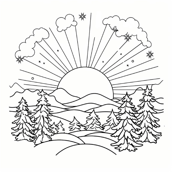 malvorlage-winterlandschaft-mit-tannenbaeumen-und-sonne