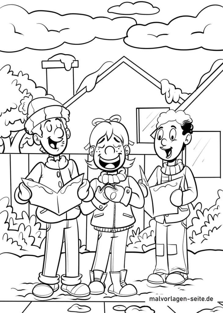 malvorlage-winterliche-kinder-mit-karte-im-schnee