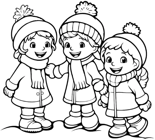 malvorlage-winterliche-kinderfreundschaft-mit-muetzen-und-schals