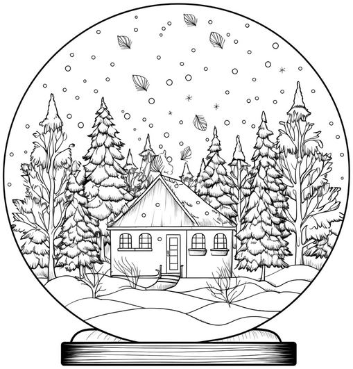 malvorlage-winterliche-schneekugel-mit-haus-und-baeumen