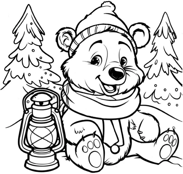 malvorlage-winterlicher-baer-mit-laterne-und-tannenbaeumen