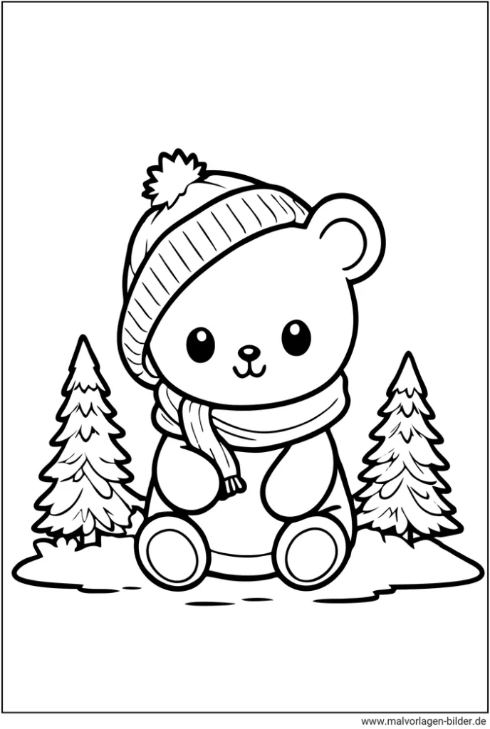 malvorlage-winterlicher-kleiner-baer-zwischen-tannenbaeumen